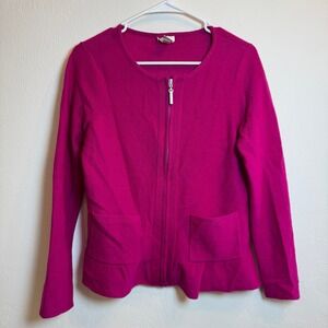 Chicos Women Size 0 Pink Wool Renee Cardigan Ruffle Hem Zip Front Pocket Fuchsia